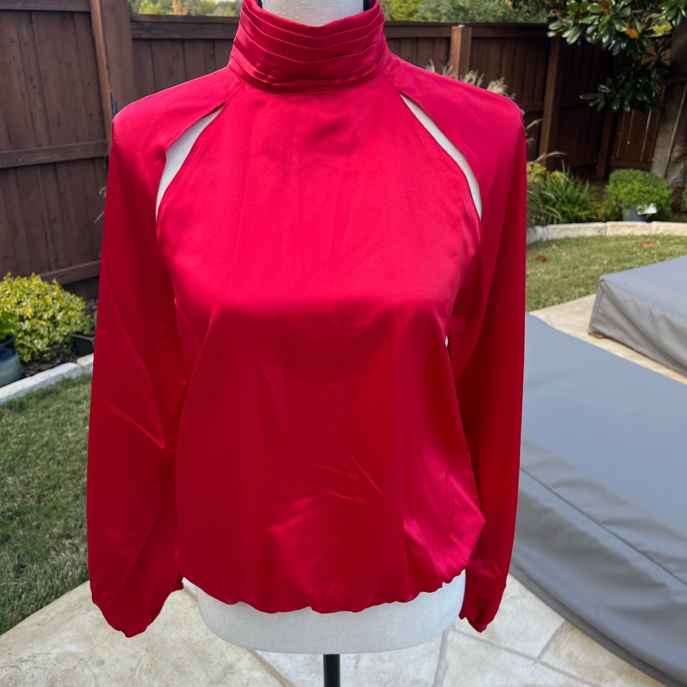 Red High-Neck Cutout Satin Blouse - Women